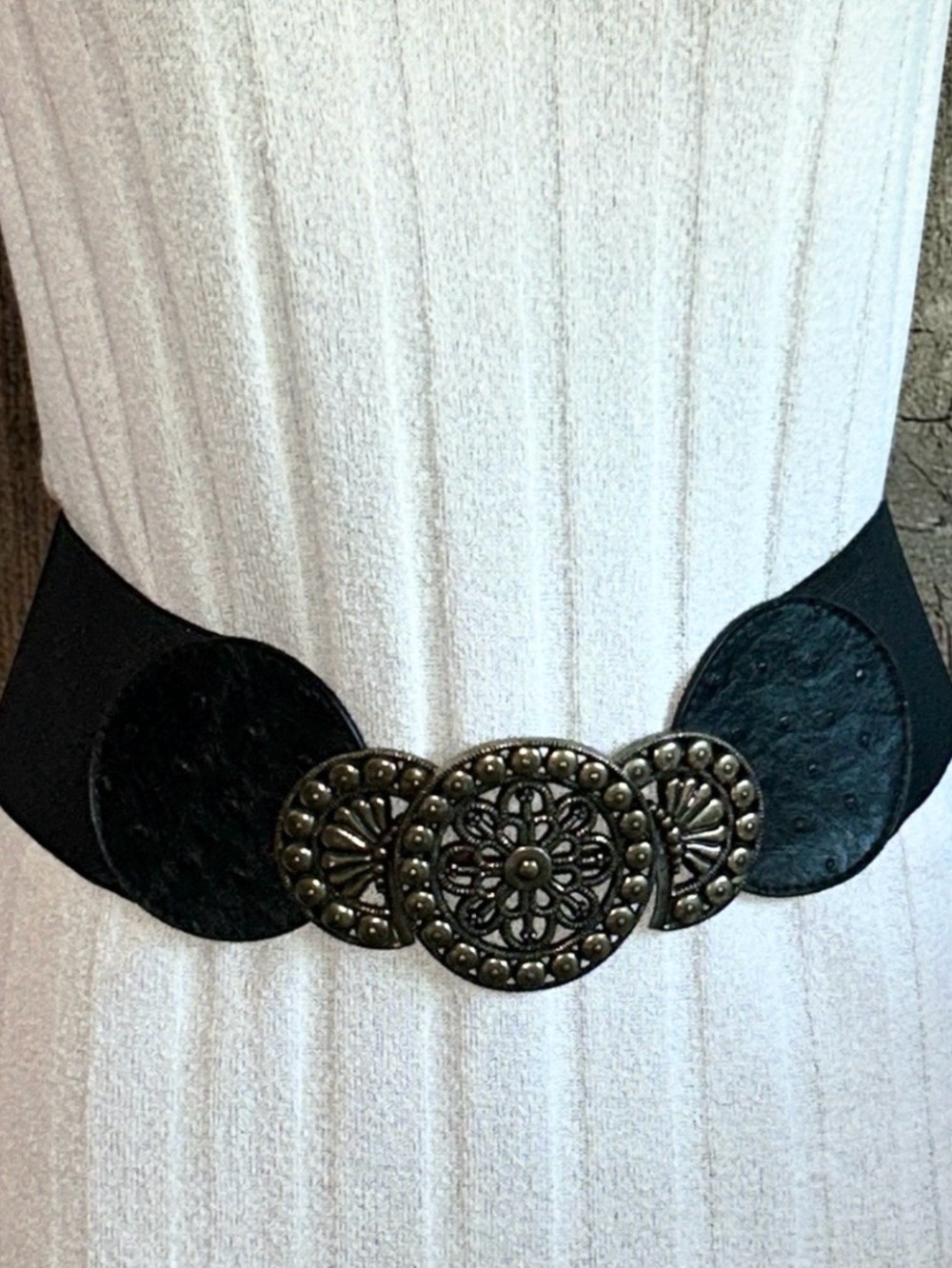 Wide Black Stretch Elastic Belt with Antique Bronze Concho Medallion Buckle Med